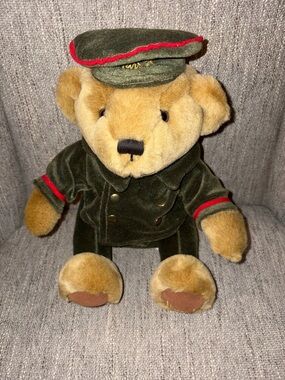 Vintage Teddy Bear in Olive Green Uniform with Red Trim